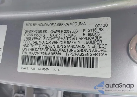 2020 Honda Accord Ex-L из США, поврежденный, VIN 1HGCV1F53LA105669